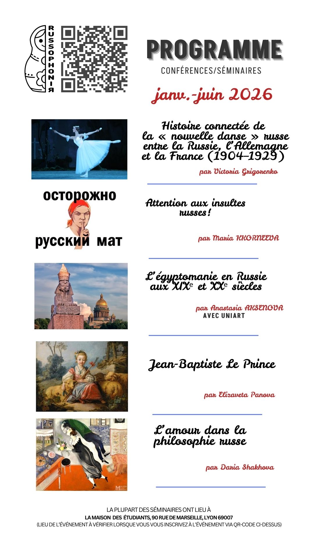 affiche annonçant les prochaines conférences de l'association Russophonia